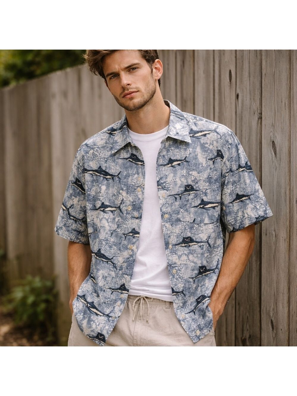 Vintage Ivy Crew Fisherman Print Button Up Shirt Men’s M Blue Dadcore